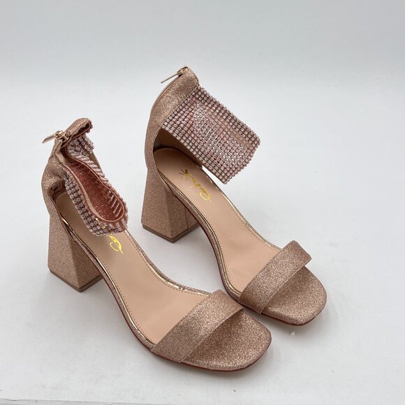 XYD Gold Studded Rhinestone Sandal Chunky Heel Elastic Wide Ankle Strap Shoes - Picture 4 of 8